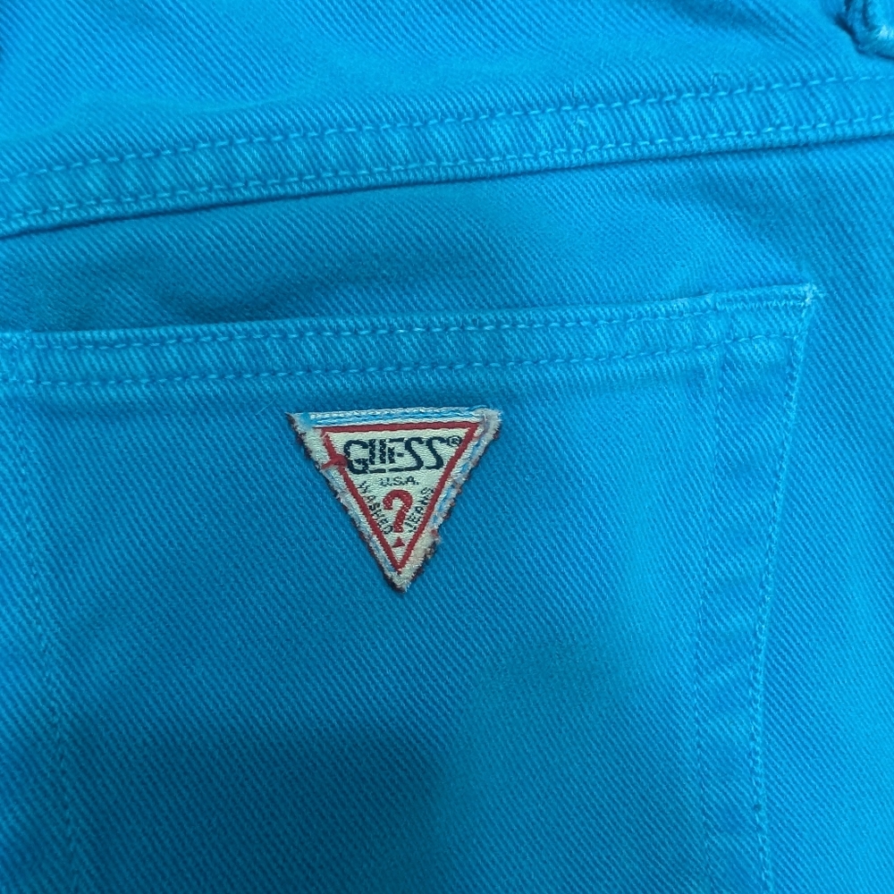 Vtg 80s Guess by Marciano USA ankle zip high-waisted aqua blue crop Mom Jeans - Picture 12 of 15